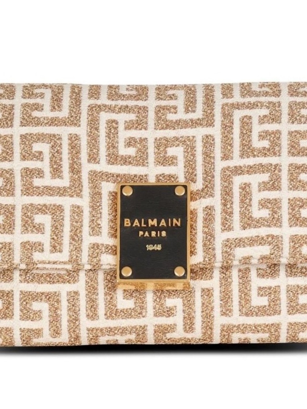 Balmain Beige Monogram Jacquard Chain Crossbody Bag with Gold Hardware